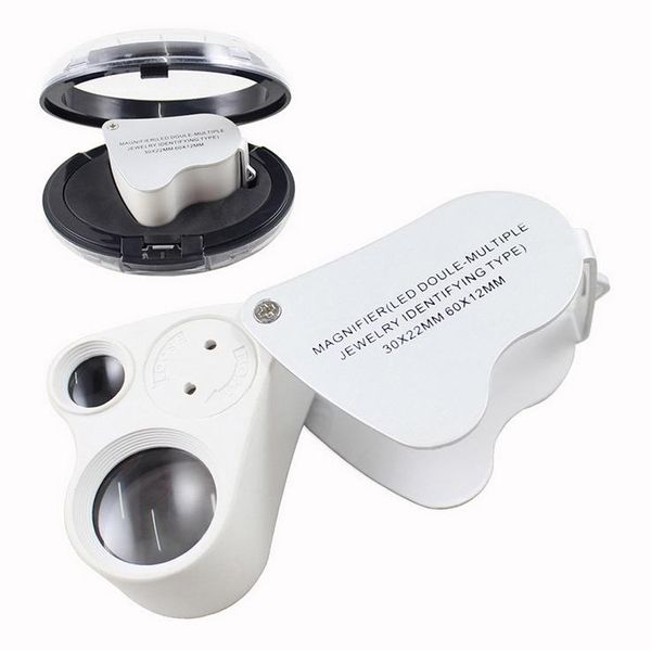 Mini Jewelry Loupes 30x 22mm 60x 12mm Jewelry Loupe Dual Glass Magnifier With LED Light Folding Microscope Magnifiers