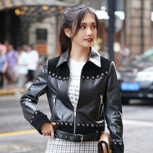 women's leather & faux 100% real cow coat female genuine jacket + belt short slim rivets jackets women clothes outerwear jaqueta 91081, Black
women's leather & faux 100% real cow coat female genuine jacket + belt short slim rivets jackets women clothes outerwear jaqueta 91081, Black