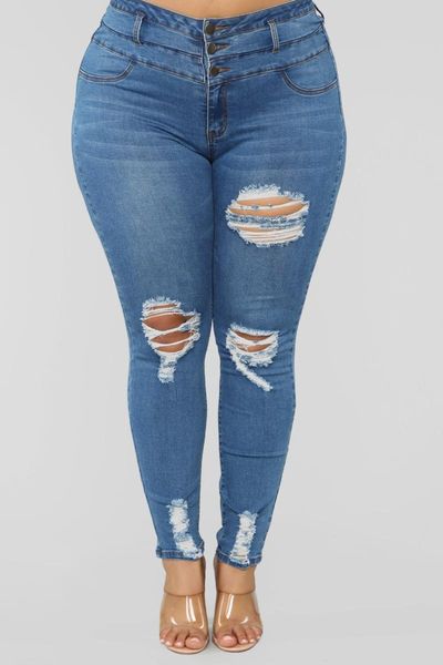 solid hole high waist women jeans fashion casual skinny denim pencil jeans bulift pants, Blue