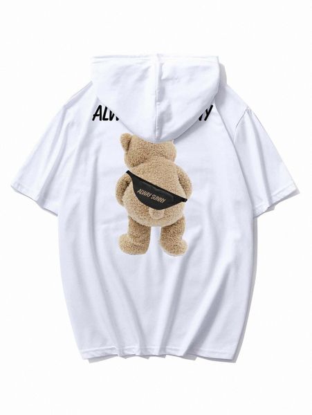men bear and letter graphic drawstring hooded tee 78me#, White;black