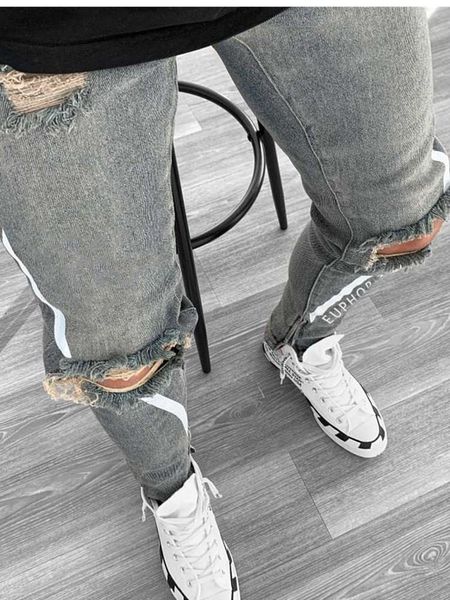 men's knee beggar ripped jeans gray black tight stretch white striped letter print pants toe zipper design pencil pants jeans, Blue
men's knee beggar ripped jeans gray black tight stretch white striped letter print pants toe zipper design pencil pants jeans, Blue