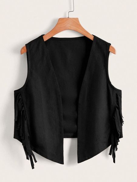 open front fringe side vest jacket l1cs#, Black;brown