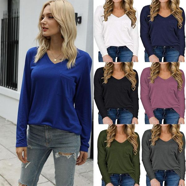 autumn and winter new women's classic solid color v-neck casual long sleeve pocket t-shirt female fashion loose t-shirt couple, White
autumn and winter new women's classic solid color v-neck casual long sleeve pocket t-shirt female fashion loose t-shirt couple, White