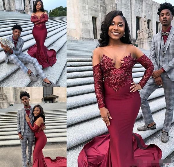 african mermaid evening dresses with long sleeves sheer v neck appliques prom dresses sweep train satin black girls party gowns p12, Black;red
african mermaid evening dresses with long sleeves sheer v neck appliques prom dresses sweep train satin black girls party gowns p12, Black;red