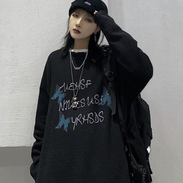 women's sweaters original design ins korean retro trend butterfly print hole knit pullover sweater men and women 2021, White;black
women's sweaters original design ins korean retro trend butterfly print hole knit pullover sweater men and women 2021, White;black