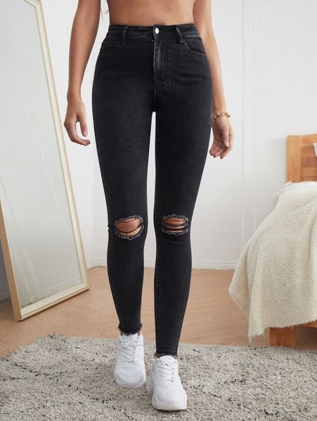 high waist ripped raw hem skinny cropped jeans d2zk#, Blue
high waist ripped raw hem skinny cropped jeans d2zk#, Blue