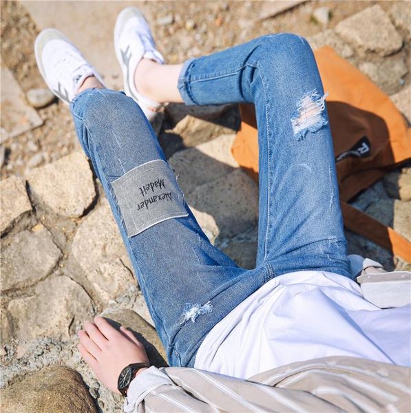 new style men hole & patch cowboy trousers korean-style light color slim fit pants jeans men's trousers, Blue
new style men hole & patch cowboy trousers korean-style light color slim fit pants jeans men's trousers, Blue