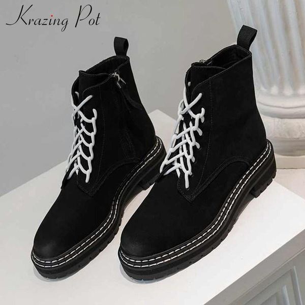 boots krazing pot preppy style breathable cow suede leather round toe med heels winter women lace up fashion solid ankle l18, Black
boots krazing pot preppy style breathable cow suede leather round toe med heels winter women lace up fashion solid ankle l18, Black