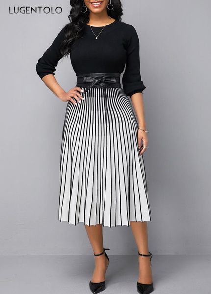 lugentolo elegant dress women large size dresses stripe print slim high waist long sleeve o-neck ladies mid dress, Black;gray
lugentolo elegant dress women large size dresses stripe print slim high waist long sleeve o-neck ladies mid dress, Black;gray