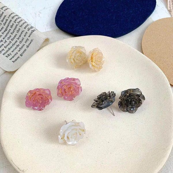 

1 pair korean rose flower resin stud earrings gold foil embellishment elegant women earring wedding jewelry1, Golden;silver