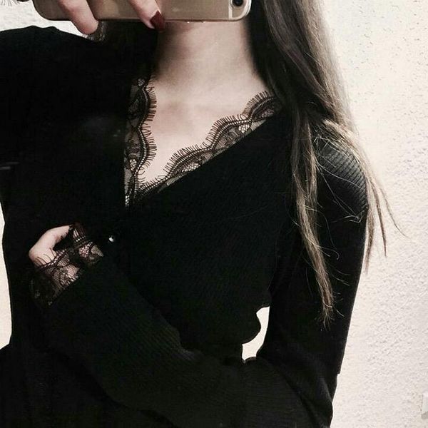 european and american fan v-neck black knit sweater sweater coat female slim slimming lace cardigan bottoming shirt1, White
european and american fan v-neck black knit sweater sweater coat female slim slimming lace cardigan bottoming shirt1, White