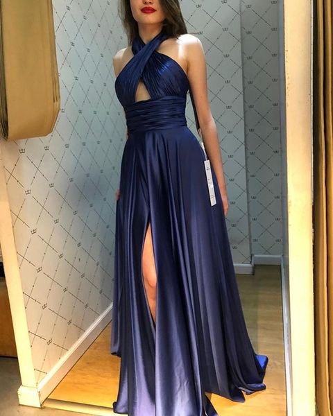 navy blue satin prom dresses a-line halter keyhole front pleats girls graduation gowns long leg split vestido de noche, Black
navy blue satin prom dresses a-line halter keyhole front pleats girls graduation gowns long leg split vestido de noche, Black