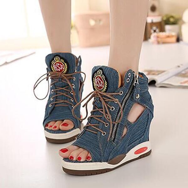 summer women big size denim wedge fish mouth sandals woman thick heel genuine leather lace up invisible high heel sandal europe y200702, Black
summer women big size denim wedge fish mouth sandals woman thick heel genuine leather lace up invisible high heel sandal europe y200702, Black