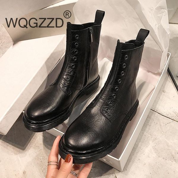 bottes femme motorcycle boots women's new winter shoes genuine leather metal decoration british style ankle boots botas mujer1, Black