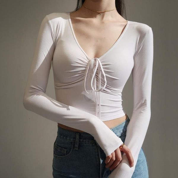 women v neck ruched front long sleeve crop fitted t shirt drop shipping good quality, White
women v neck ruched front long sleeve crop fitted t shirt drop shipping good quality, White