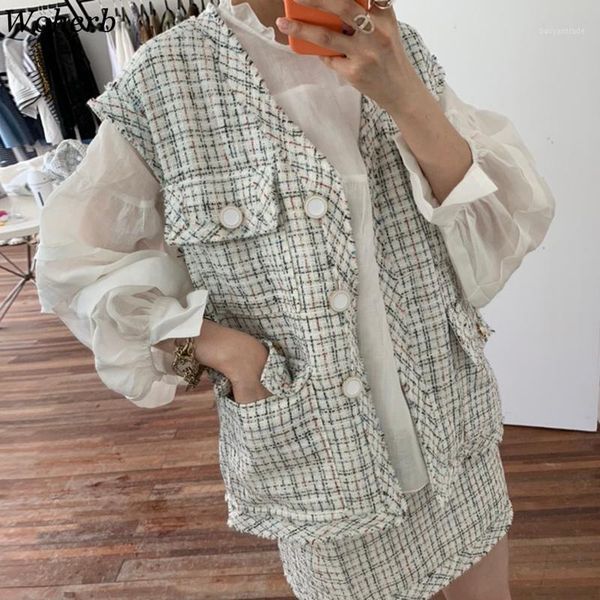 women's tracksuits woherb elegant women three pieces set vintage tassel plaid vest white blouse high waist skirts 3 sets autumn winter, Gray
women's tracksuits woherb elegant women three pieces set vintage tassel plaid vest white blouse high waist skirts 3 sets autumn winter, Gray