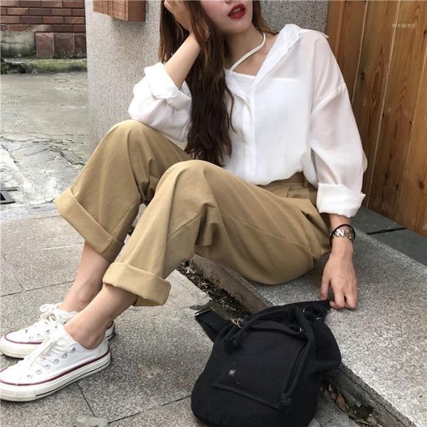 womens cotton solid high waist full-length casual khaki pants straight loose trousers for female 2020 new summer autumn1, Black;white
womens cotton solid high waist full-length casual khaki pants straight loose trousers for female 2020 new summer autumn1, Black;white