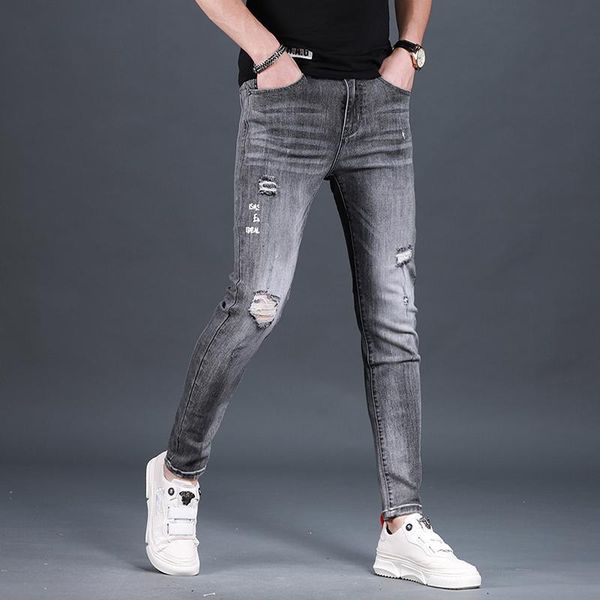 men's jeans summer men ripped korean style letter printed slim fit stretch denim pants, Blue
men's jeans summer men ripped korean style letter printed slim fit stretch denim pants, Blue