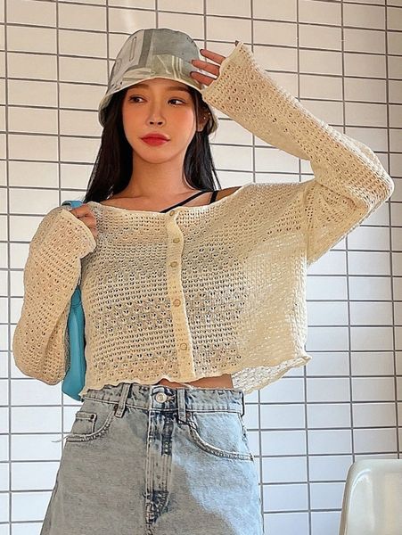 dazy open knit drop shoulder lettuce trim d5cz#, White
dazy open knit drop shoulder lettuce trim d5cz#, White