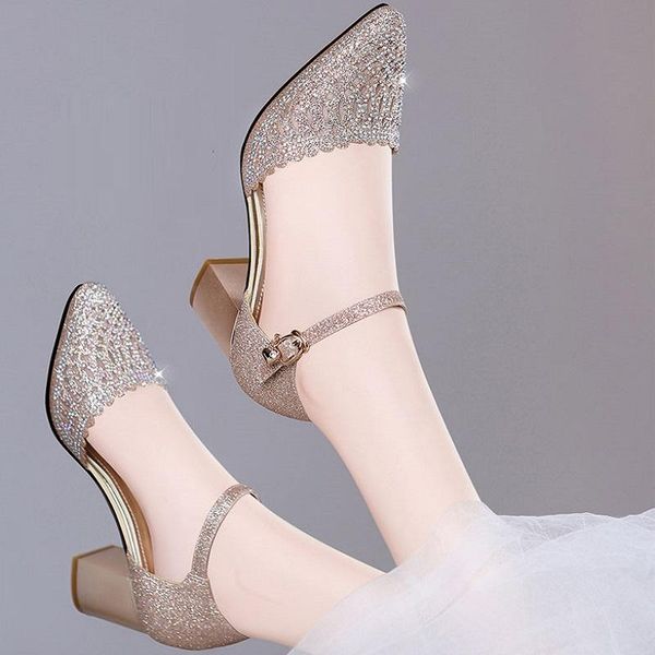 34-38 size summer women shoe 5cm-6cm heel women cover heel hollow sandals square rhinestone sandals lady pointed shoes, Black