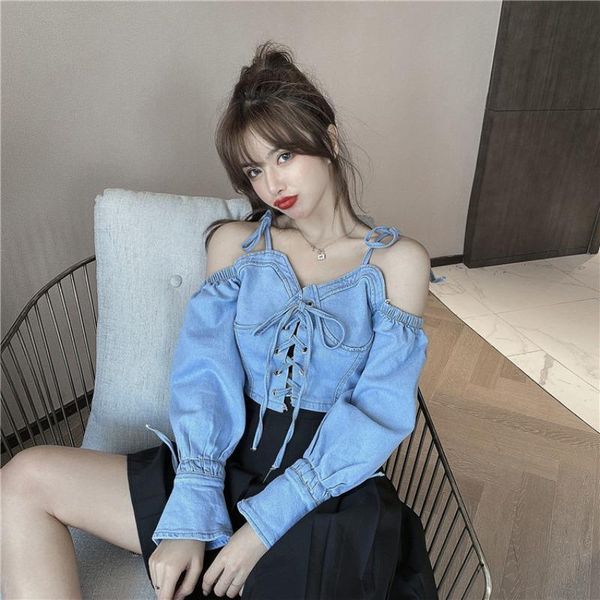 women's blouses & shirts off shoulder blue slim crop denim slash neck women korean clothes autumn style, White
women's blouses & shirts off shoulder blue slim crop denim slash neck women korean clothes autumn style, White