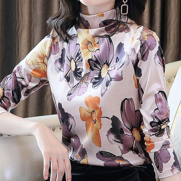 women's blouses & shirts long sleeve velour blouse women winter clothes 2021 turtleneck print shirt womens and blusa d724, White 
women's blouses & shirts long sleeve velour blouse women winter clothes 2021 turtleneck print shirt womens and blusa d724, White