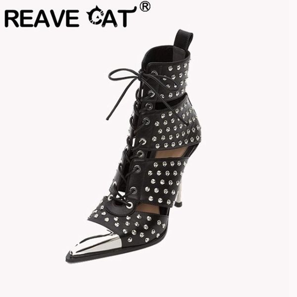 reave cat ankle boots punk rivets gladiator pointed toe 9.5cm thin high heels genuine leather cross-tied plus size 34-43 a2801, Black
reave cat ankle boots punk rivets gladiator pointed toe 9.5cm thin high heels genuine leather cross-tied plus size 34-43 a2801, Black