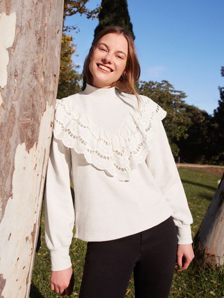 mock neck contrast lace ruffle sweatshirt i0aa#, White;black