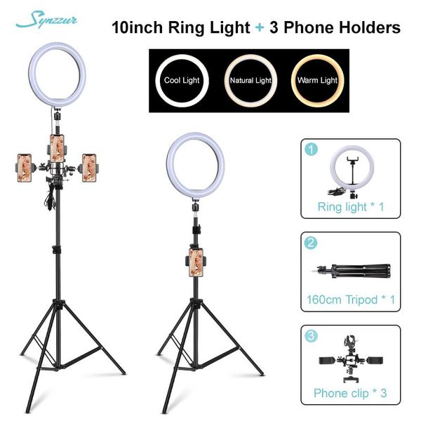 10''/26cm Led Selfie Ring Light With Tripod And Phone Holder 3 Light Mode Ringlight For Tiktok Live Streaming/video/pgraphy