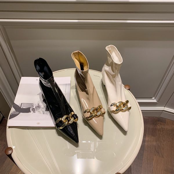 2021 new brand women ankle boots fashion designer gold chain pointed toe short boots slip on elastic chelsea boot dress shoes, Black
2021 new brand women ankle boots fashion designer gold chain pointed toe short boots slip on elastic chelsea boot dress shoes, Black