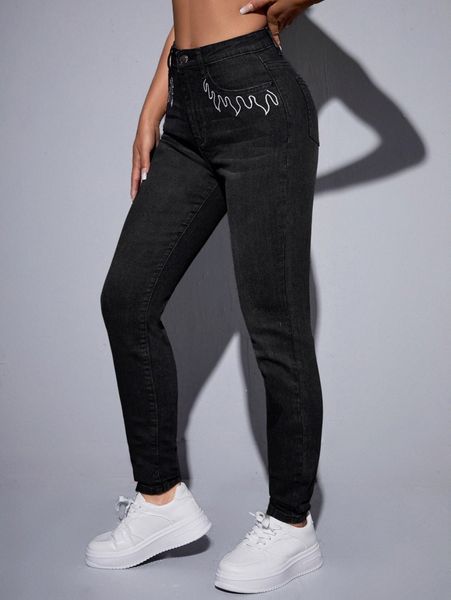 high waist fire embroidery skinny jeans l3zd#, Blue