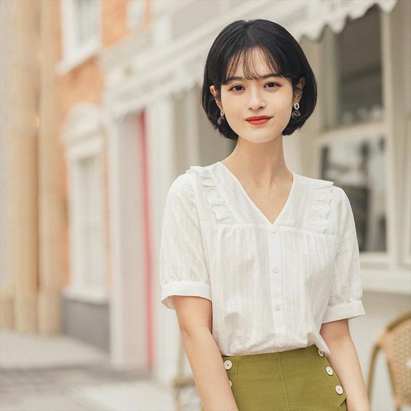 inman 2020 summer new arrival short sleeve cotton v neck elegant style vintage sweet style women girl bloue, White
inman 2020 summer new arrival short sleeve cotton v neck elegant style vintage sweet style women girl bloue, White