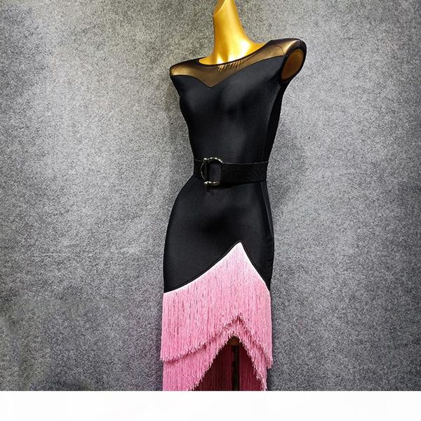 2019 new latin dress women black gauze pink tassels fringe dress tango flamengo black latin dance vdb507, Black;red
2019 new latin dress women black gauze pink tassels fringe dress tango flamengo black latin dance vdb507, Black;red