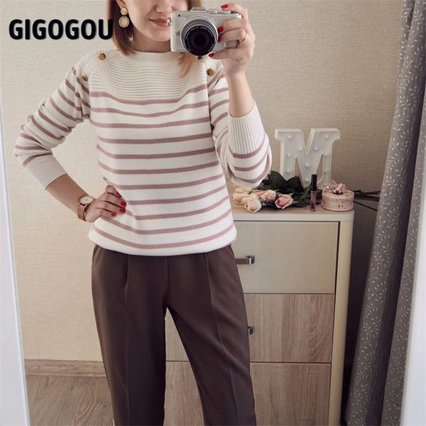 gigogou euro style women striped sweater autumn winter crewneck pullovers button decorate knitted female jumper pull femme 201221, White;black
gigogou euro style women striped sweater autumn winter crewneck pullovers button decorate knitted female jumper pull femme 201221, White;black