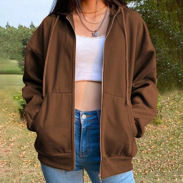 women's hoodies & sweatshirts autumn and winter brown hooded zipper blouse, Black