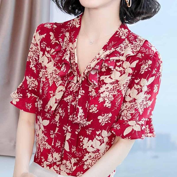 women's blouses & shirts blouse women 2021 bow v-neck print chiffon shirt short sleeve blusas camisas mujer d237, White
women's blouses & shirts blouse women 2021 bow v-neck print chiffon shirt short sleeve blusas camisas mujer d237, White