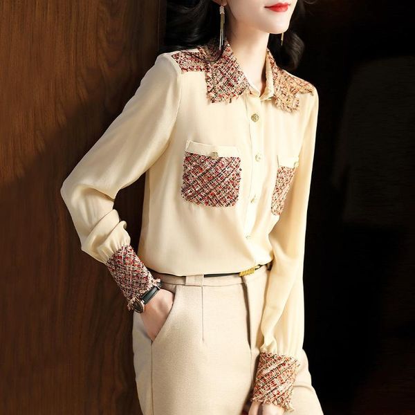women's blouses & shirts real silk patchwork tweed casual shirt elegant turn-down collar long sleeve loose spring autumn lady blouse, White
women's blouses & shirts real silk patchwork tweed casual shirt elegant turn-down collar long sleeve loose spring autumn lady blouse, White