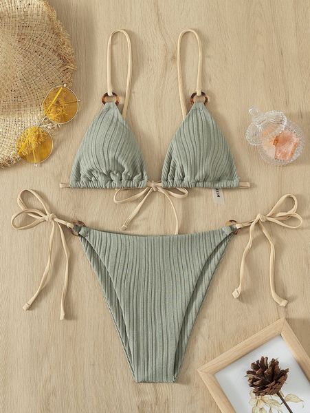 ring linked triangle tie side bikini swimsuit w48s#, White;black