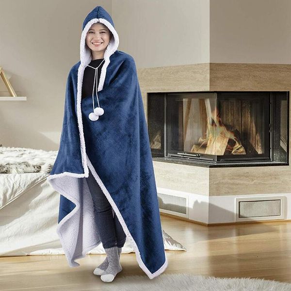 blankets pom-pom hooded throw blanket thicken and lengthen warm printed casual home yu-home