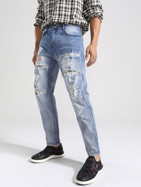 men ripped slogan patched detail washed jeans r6v6#, Blue
men ripped slogan patched detail washed jeans r6v6#, Blue