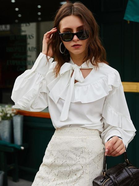 women's blouses & shirts spring and autumn fashion collar neckline ruffled trim blouse, White
women's blouses & shirts spring and autumn fashion collar neckline ruffled trim blouse, White