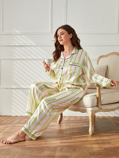 plus striped and letter graphic satin blouse & pants pj set 67yt#, Black;white
plus striped and letter graphic satin blouse & pants pj set 67yt#, Black;white