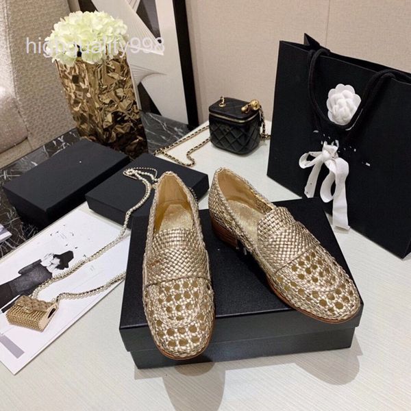 sandals high end quality small fragrance round head cowhide hollow woven metal lefu shoes low heel sandals women's, Black
