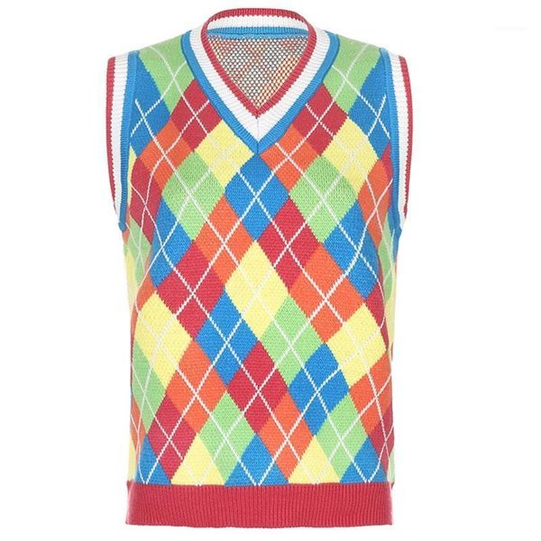 women knit sleeveless vest colorful rhombus plaid sweater v-neck loose tank n0he1, White;black
women knit sleeveless vest colorful rhombus plaid sweater v-neck loose tank n0he1, White;black