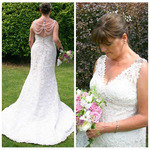 setwell v-neck mermaid wedding dresses sleeveless backless lace appliques floor length plus size bridal gowns, White
setwell v-neck mermaid wedding dresses sleeveless backless lace appliques floor length plus size bridal gowns, White