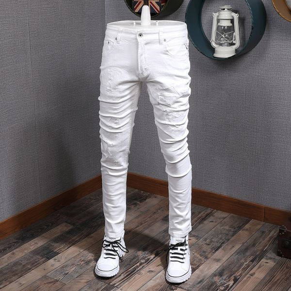 2021 new korean style fashion men jeans white color elastic slim fit ripped denim pencil pants streetwear hip hop trousers 1e0t, Blue
2021 new korean style fashion men jeans white color elastic slim fit ripped denim pencil pants streetwear hip hop trousers 1e0t, Blue