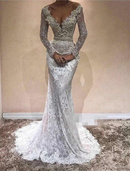 new mermaid wedding dresses lace appliques pearls deep v neck cap long sleeves sash sweep train plus size custom formal bridal gowns, White
new mermaid wedding dresses lace appliques pearls deep v neck cap long sleeves sash sweep train plus size custom formal bridal gowns, White