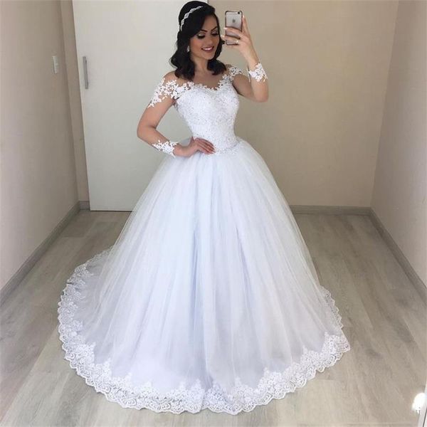 custom made long sleeves lace a line wedding dresses with beaded appliques scoop neck sweep train tulle bridal gowns, White
custom made long sleeves lace a line wedding dresses with beaded appliques scoop neck sweep train tulle bridal gowns, White