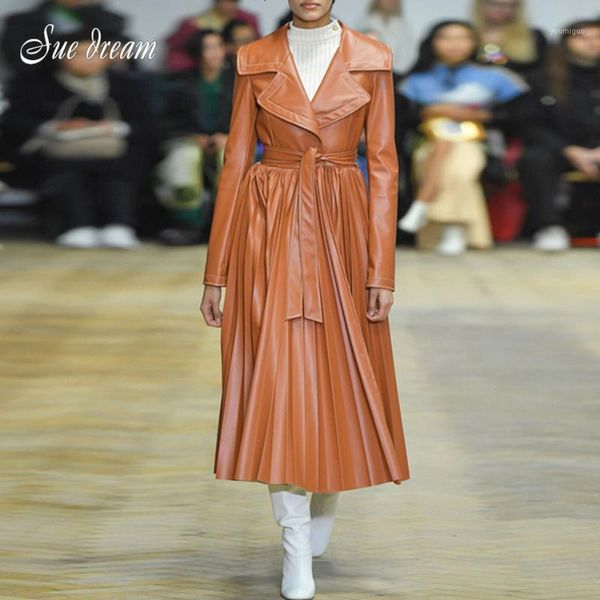 2019 autumn fashion new women's wild handsome pleated pu leather can be equipped with dress straps long sleeve lapel midi coat1, Black 
2019 autumn fashion new women's wild handsome pleated pu leather can be equipped with dress straps long sleeve lapel midi coat1, Black
