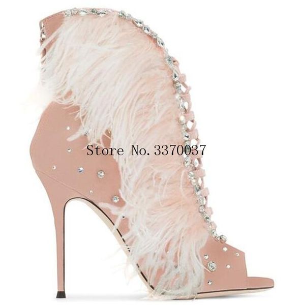 women open toe suede leather rhinestone gladiator short boots lace-up luxury crystal high heel feather ankle boots, Black
women open toe suede leather rhinestone gladiator short boots lace-up luxury crystal high heel feather ankle boots, Black